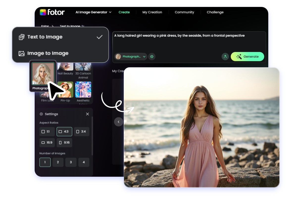 Clothing creator generates image of a long haired woman in a pink dress standing by the seaside