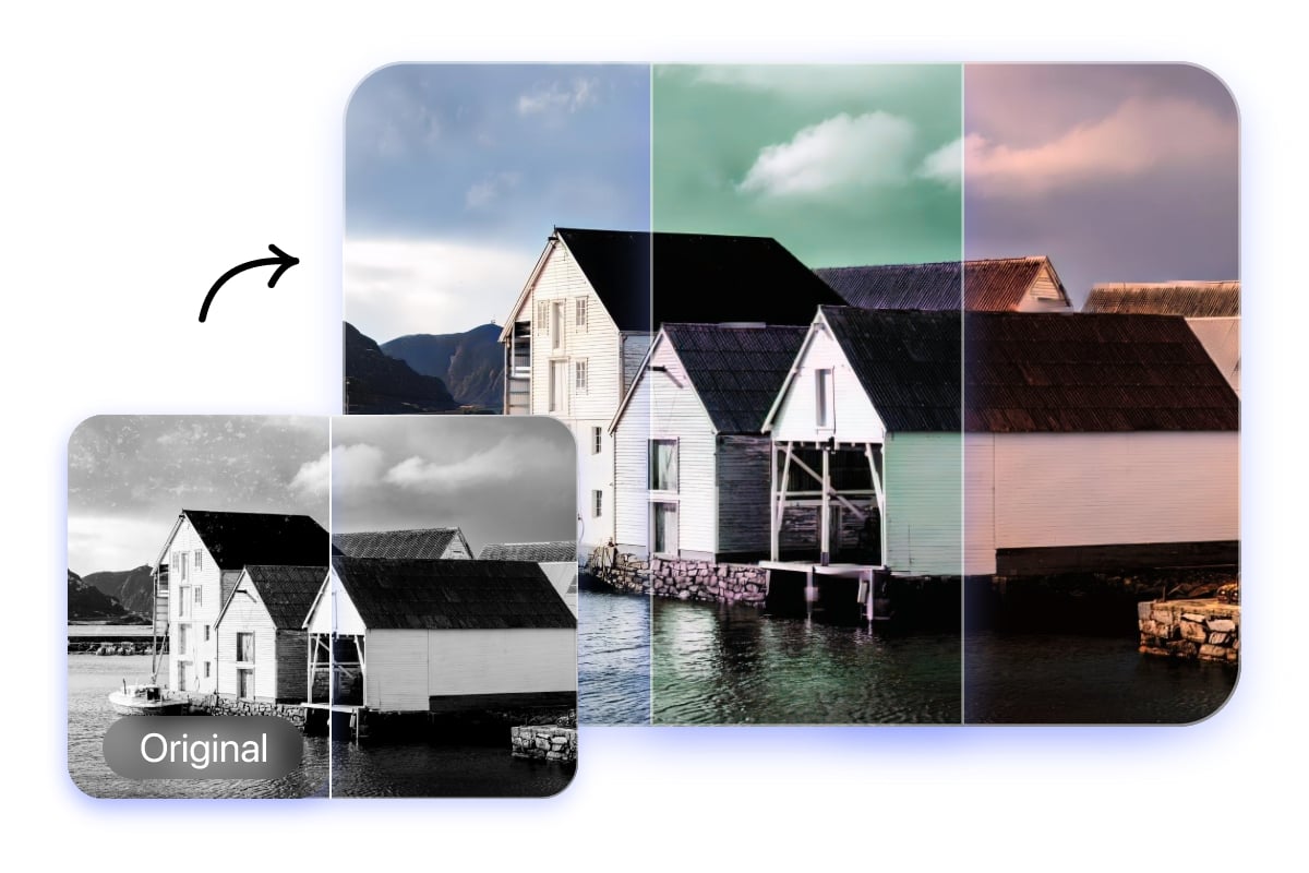 Colorzie a black and white house old photo with Fotor AI photo repair and photo effects