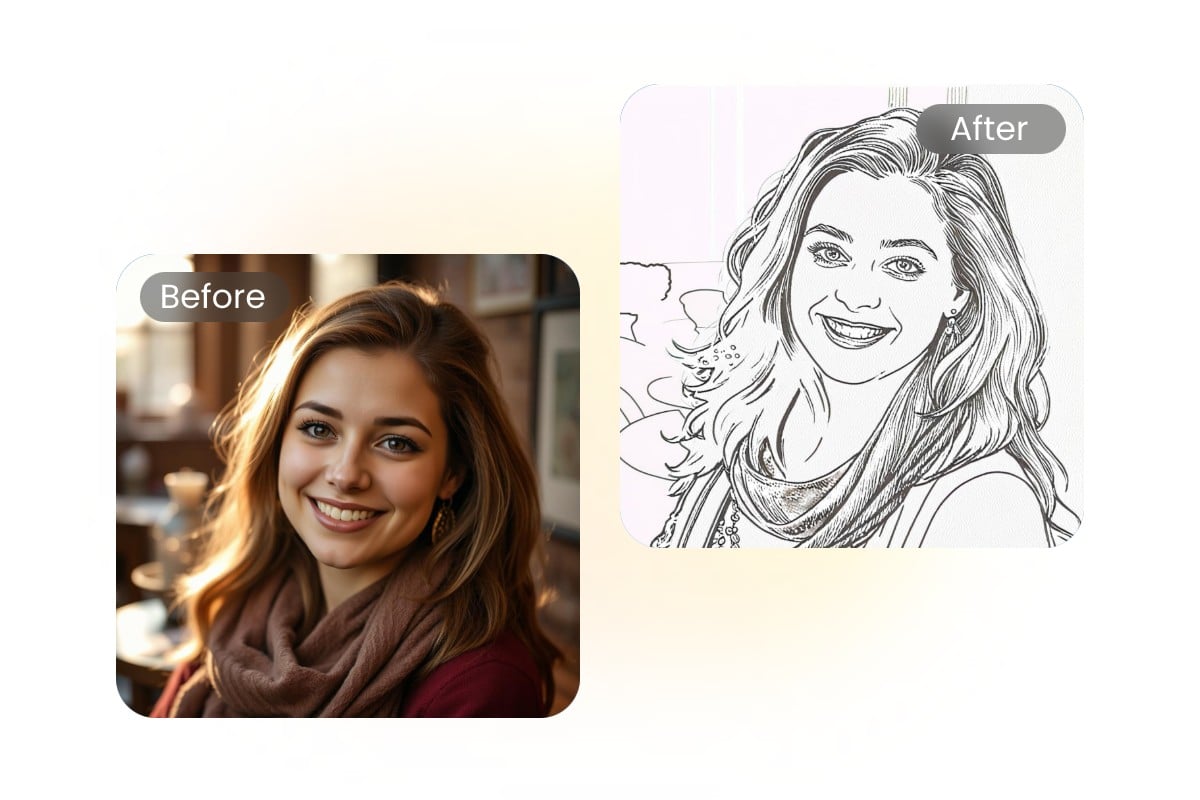 Combine a woman photo with line art filter in fotor