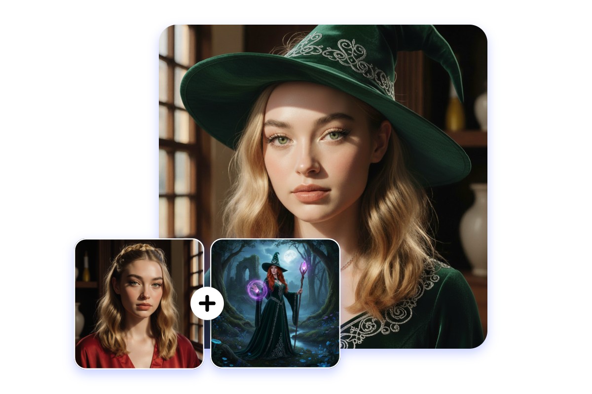 Fusionner le style de sorcière avec une photo ordinaire d'une femme pour créer un visuel de sorcière