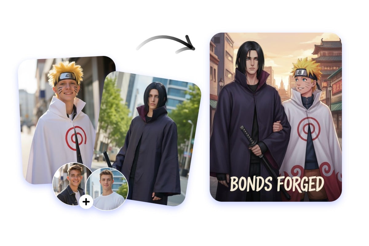 Unterschiedliche Cosplay Elemente können mit Fotor zu einer Szene verschmolzen werden