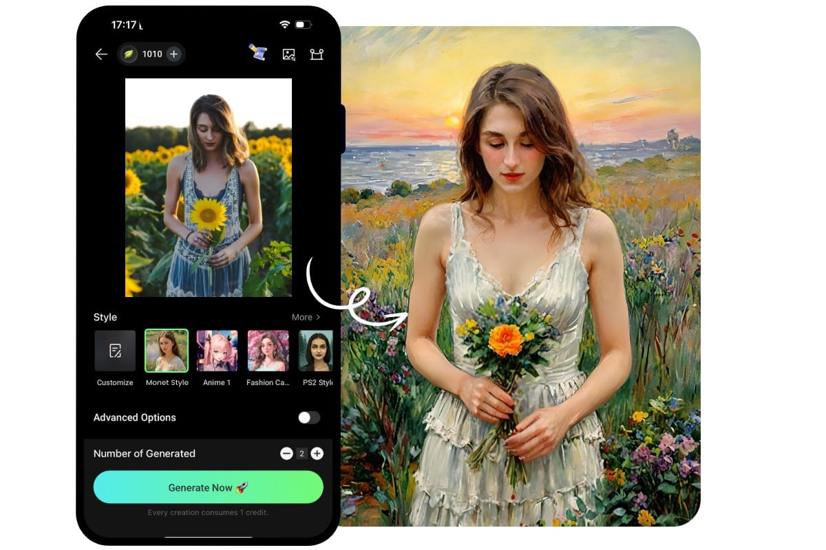 Conevrt a female portrait into monet style pic on fotor app