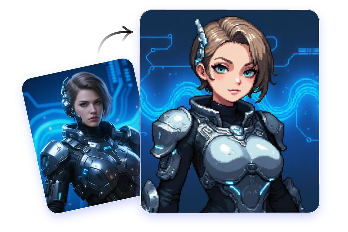 Convert a 3d photo of a futuristic woman into a sprite game style