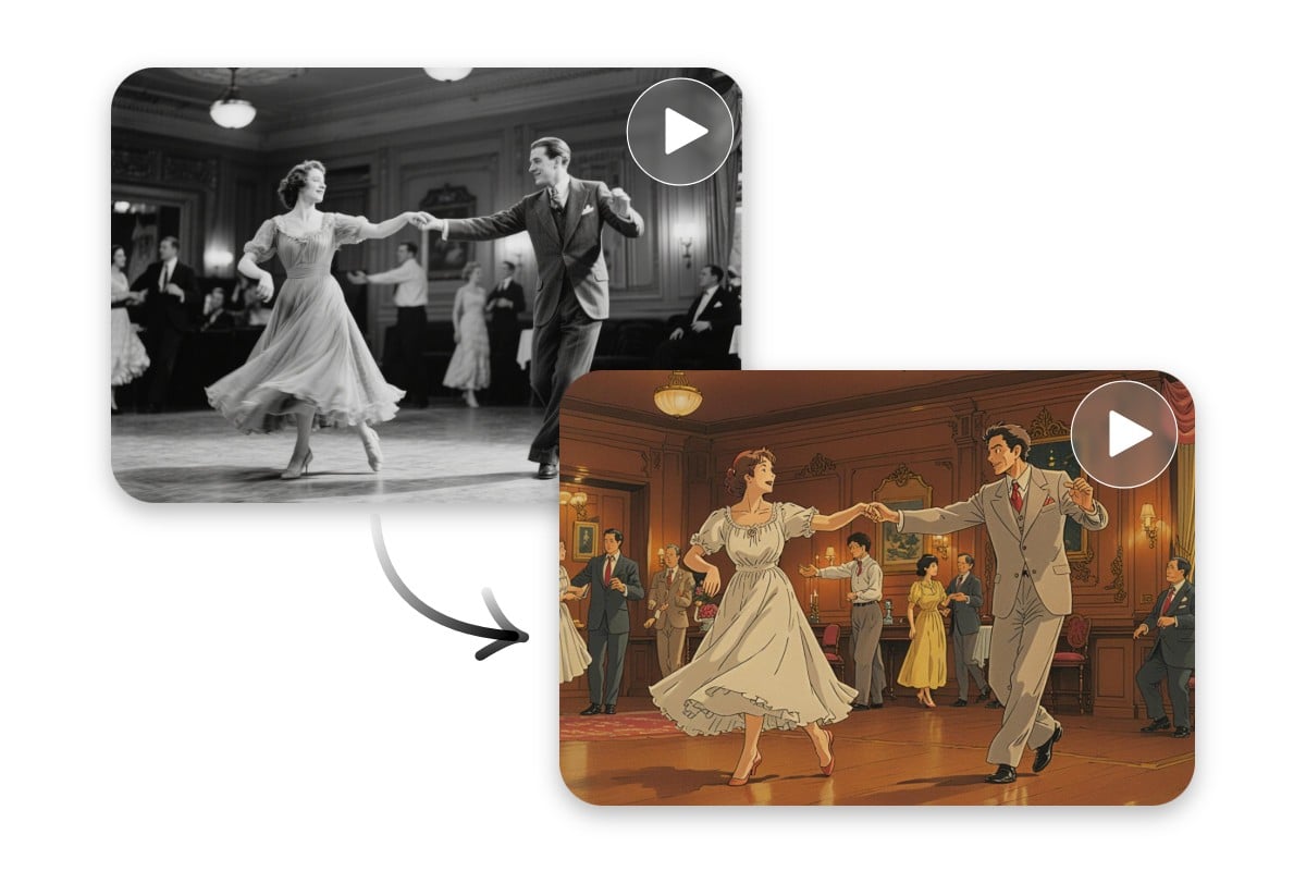 Convert a black and white video of a couple ballroom dancing into anime style