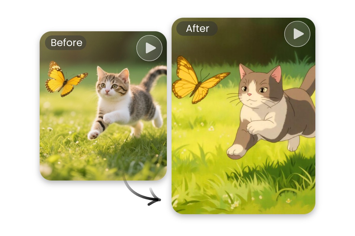 Convert a daily video of a kitten chasing a butterfly into an anime video