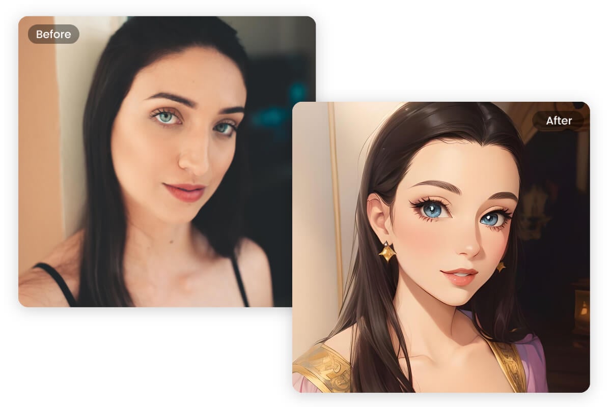 Konvertieren Sie ein weibliches Selfie in einen AI -Anime -Charakter mit fotorischer AI -Gesichtsfilter