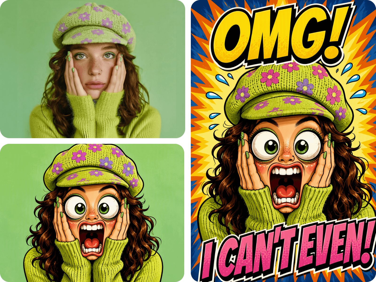 Convert a girl photo to a caricature character and make a meme out of it