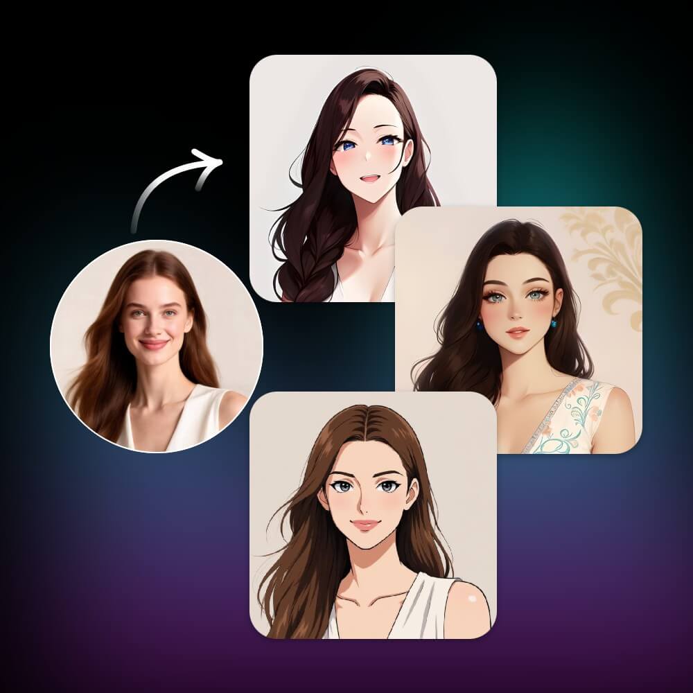 Convert a girl portrait photo into different cartoon face styles