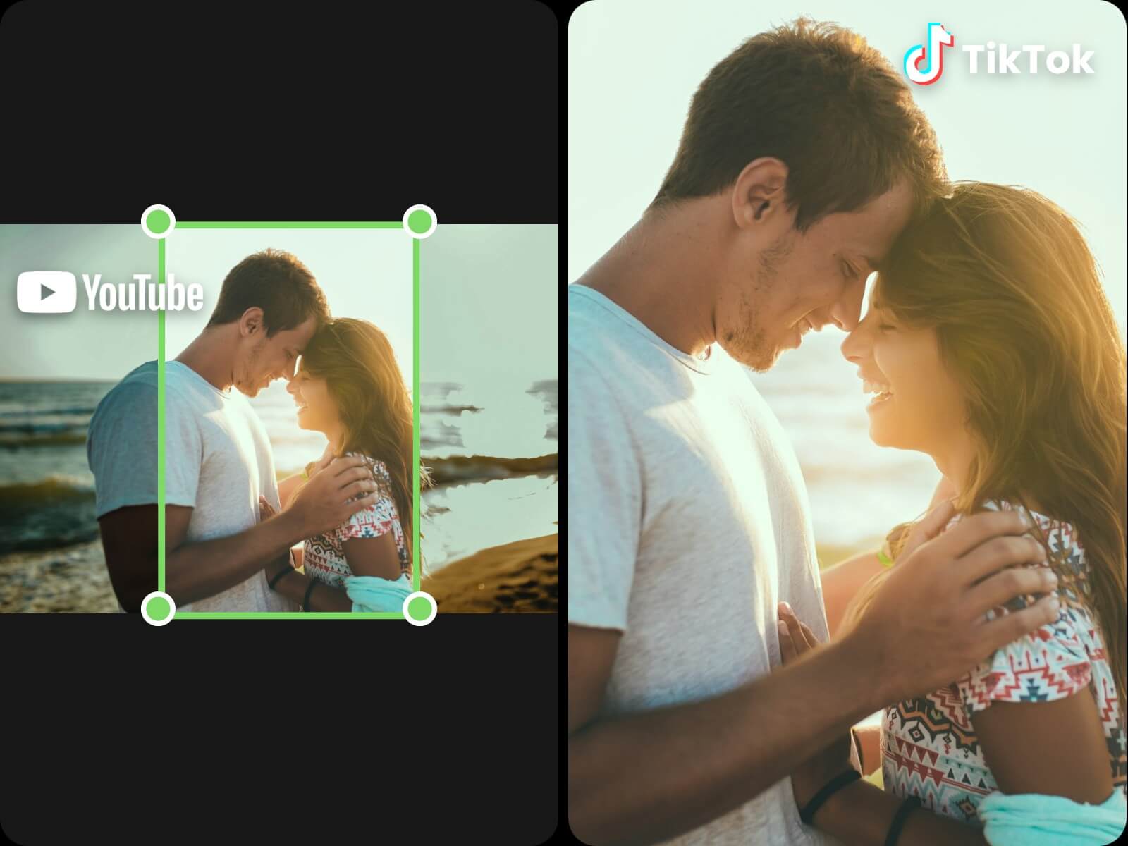 Convert a heartwarming youtube video of a couple by the sea to a tiktok friendly aspect ratio