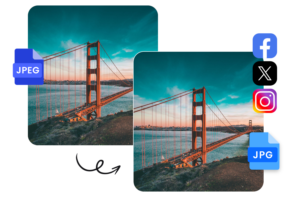 Convert a lanscape from jpeg to jpg and shate it to social media