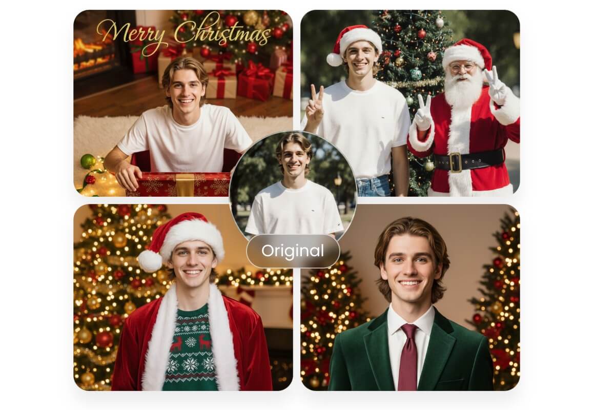 Convert a mans everyday photo into christmas profile pictures in different styles