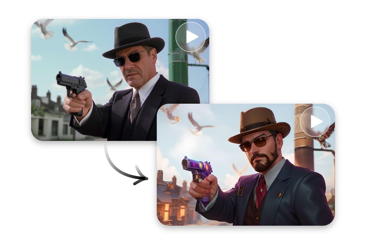 Convert a movie clip of a gangster man into an anime video