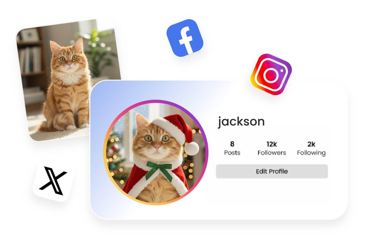 Convert a photo of a cat into a christmas profile pfp and use it on social media