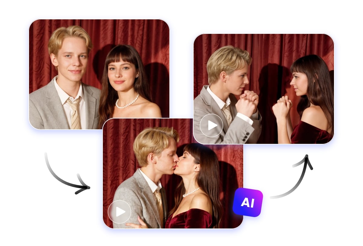 Convert a photo of a counple into a frenck kiss video and a fight video