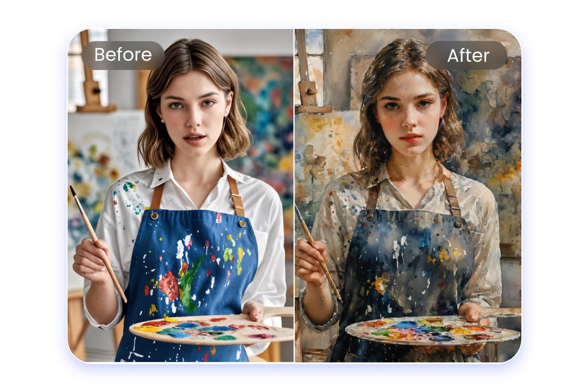 Convert a photo of a female painter to watercolor art