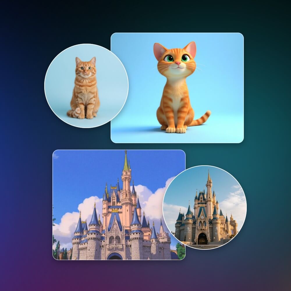 Convert a photo of a kitten and a castle into anime style