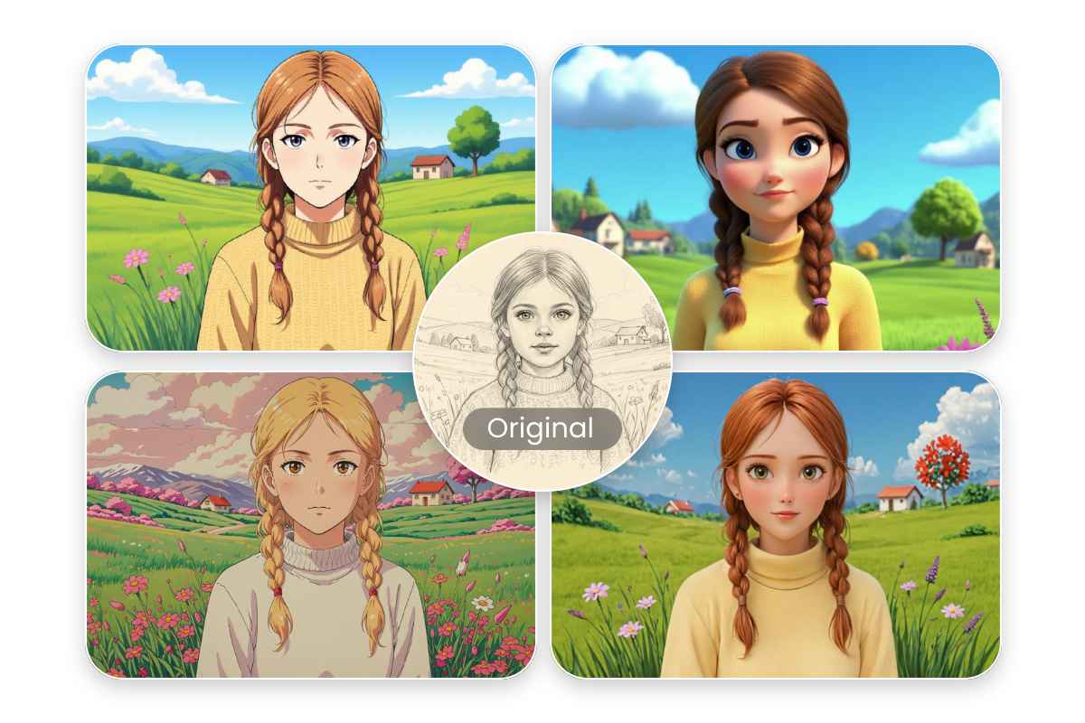 Convert a sketch of a cute woman into various image styles