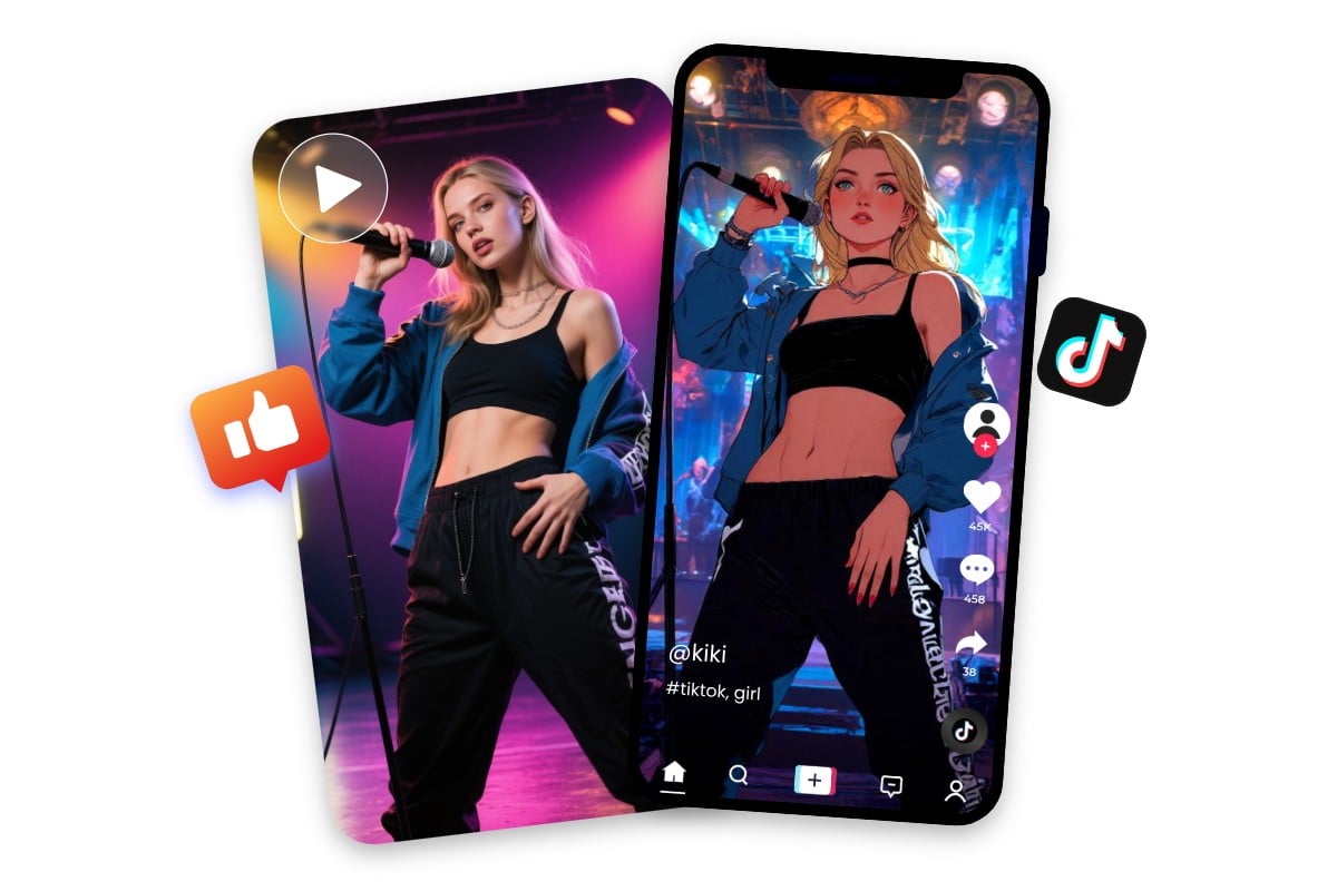 Convert a video of a girl singing into anime style and share it on social media