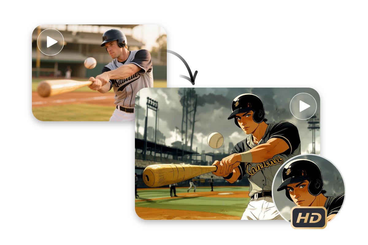Convert a video of a man playing baseball into a high quality anime video