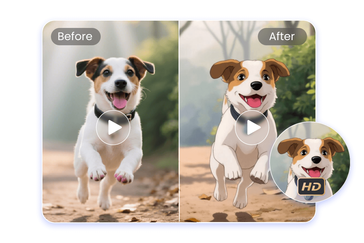 Convert a video of a smiling dog to an hd cartoon style video