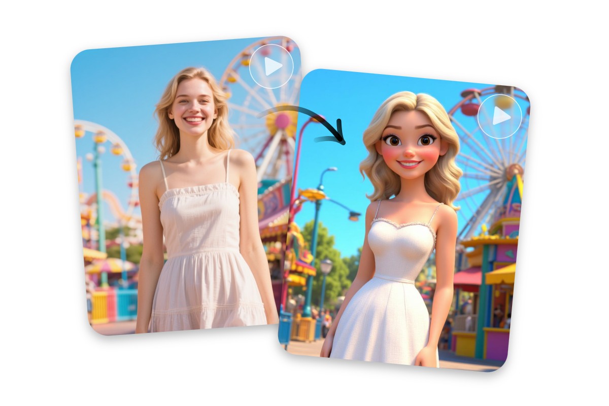 Convert a video of a woman at an amusement park into 3d anime style