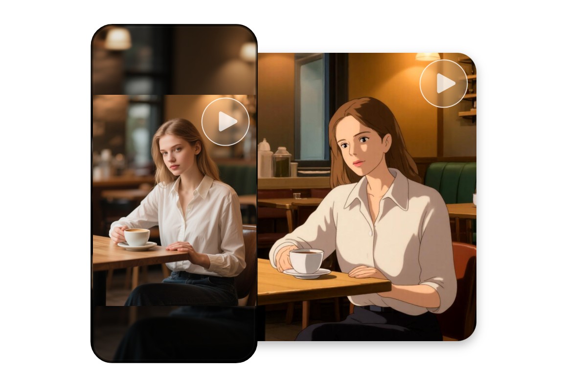 Convert a video of a woman drinking coffee into anime style on the mobile app