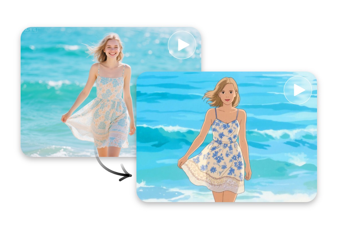 Convert a video of a woman on the beach into anime style