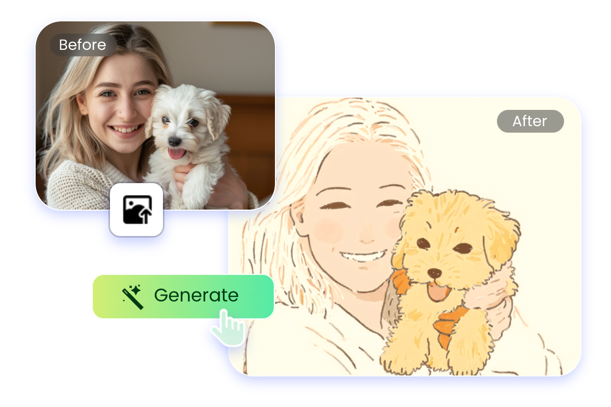 Convert a womans image with her dog into snoopy characters with snoopy filter in fotor