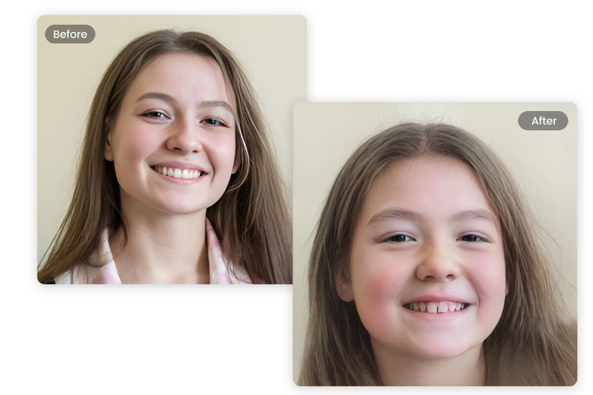 Преобразовать фото молодой леди на фото детского лица с фильтром Fotor AI Face Filter