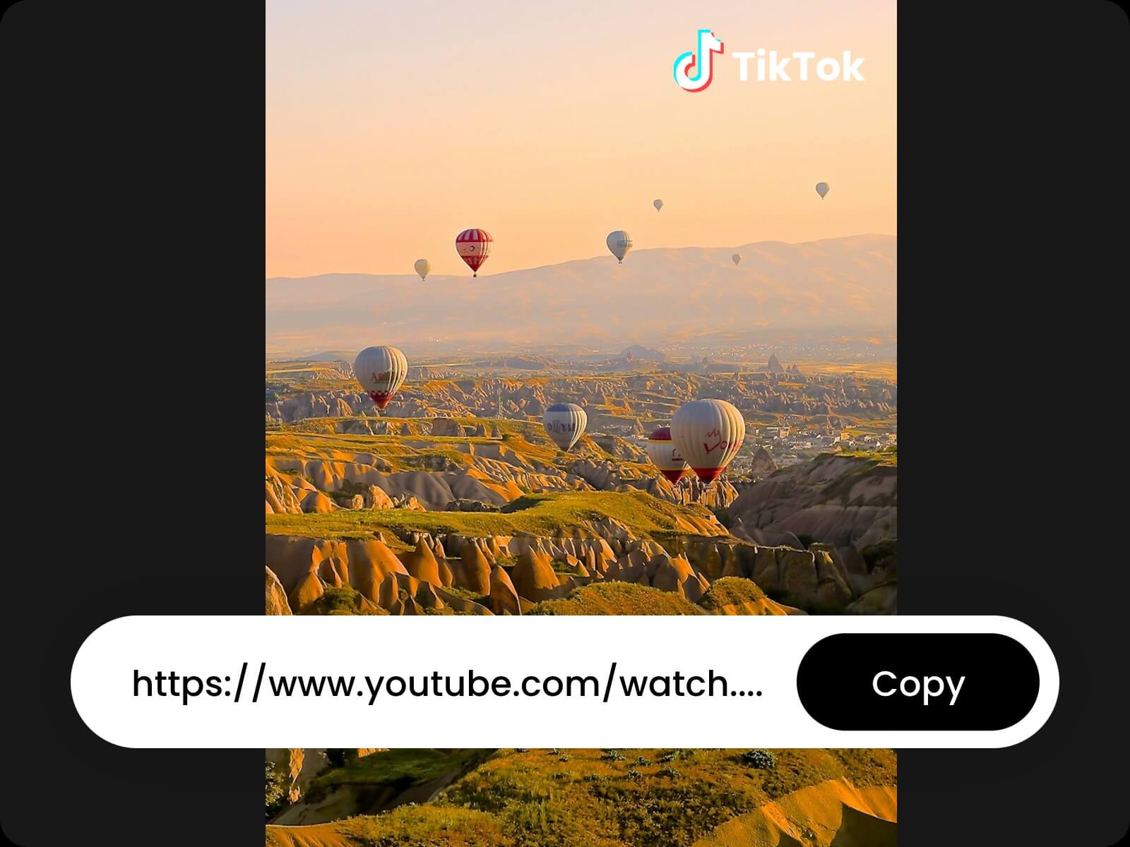 Convert a youtube link into a tiktok video of a hot air balloon flying through a mountain valley