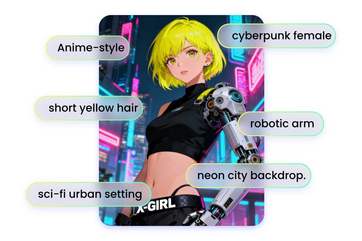 Convert an image of a cyberpunk anime woman into highly detailed and accurate text prompts