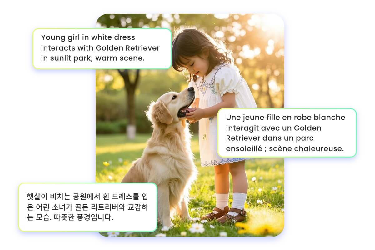 Convert an image of a girl with a dog into text descriptions in different languages