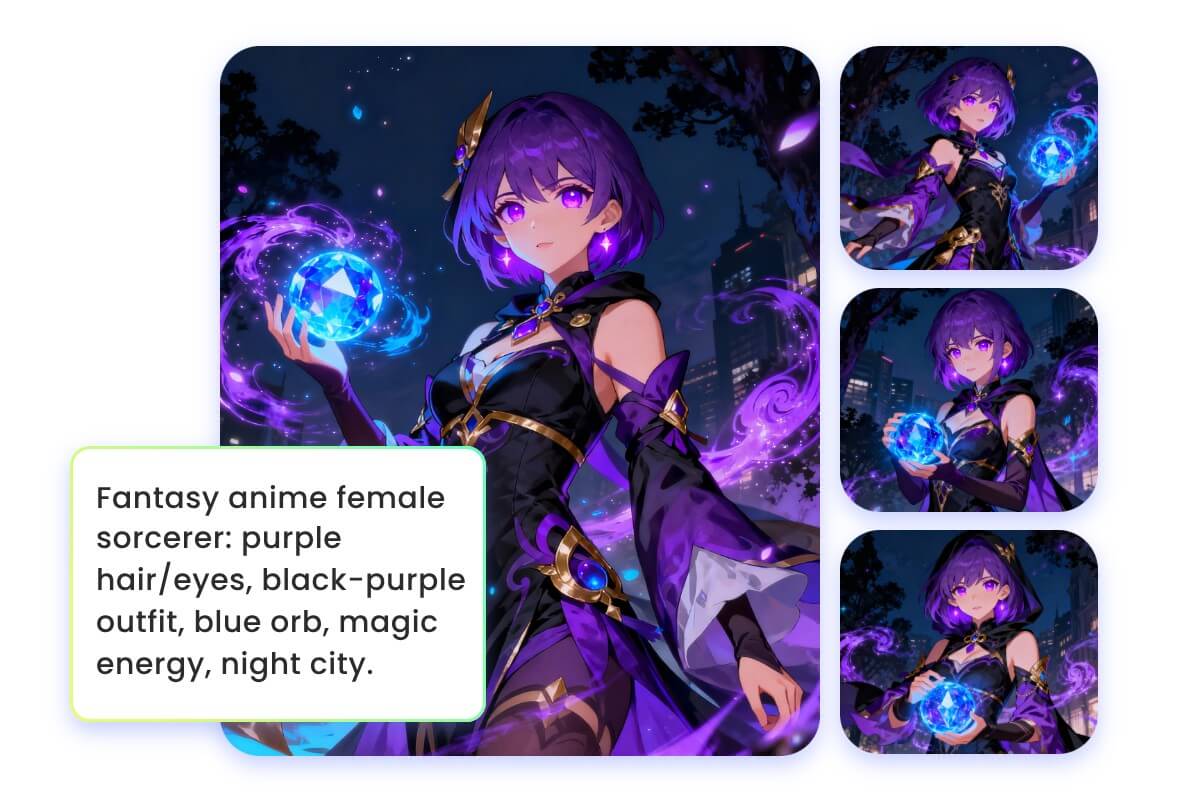 Convert an image of a magical girl into text and regenerate multiple different ai images
