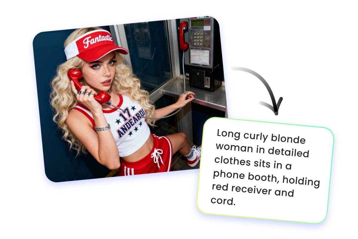 Convert an image of a woman making a phone call into text prompts