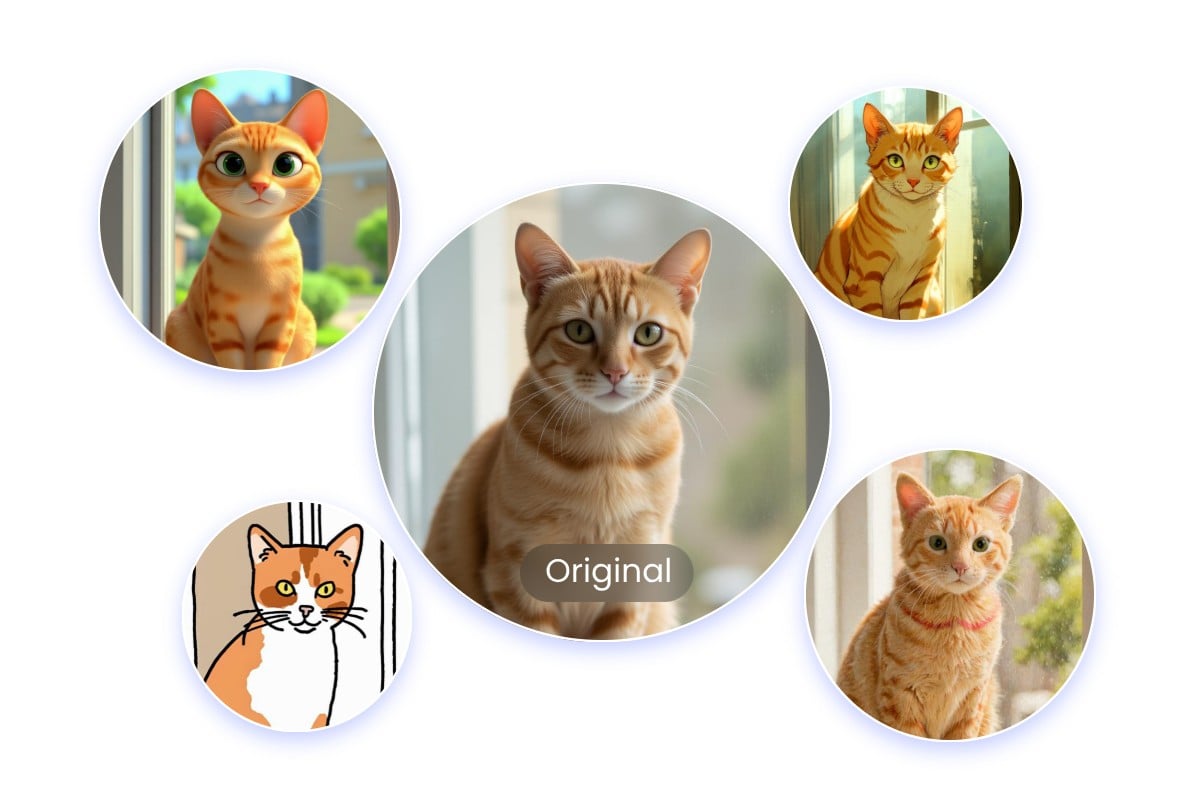 Convert cat to various cartoon styles such as bold line 3 D and more