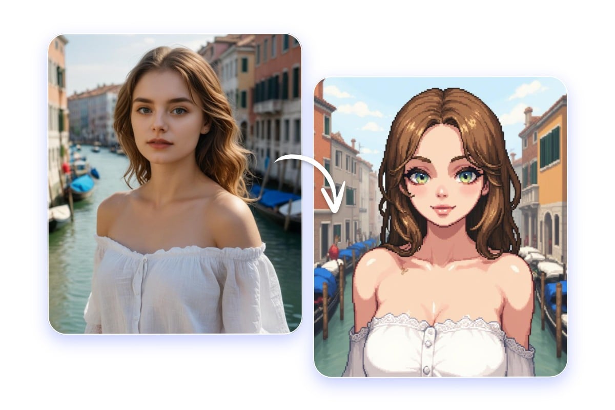 Convert the selfie of a beautiful girl into pixel art style