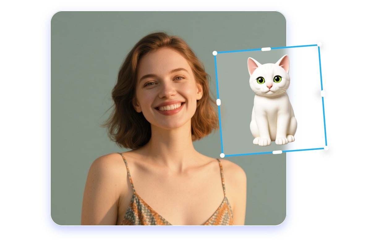 Convert the white cat emoji to a sticker and add it to a short hair girl image