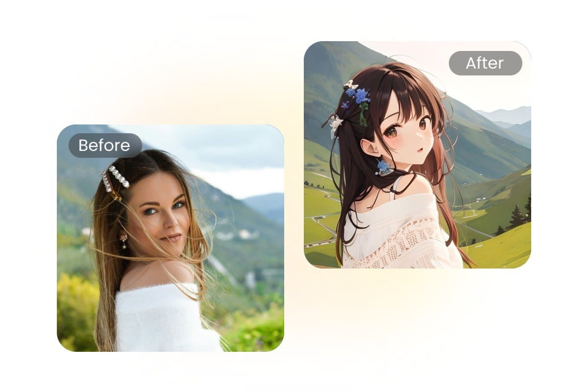Convert the womans image into anime style in one click with fotor ai image filter