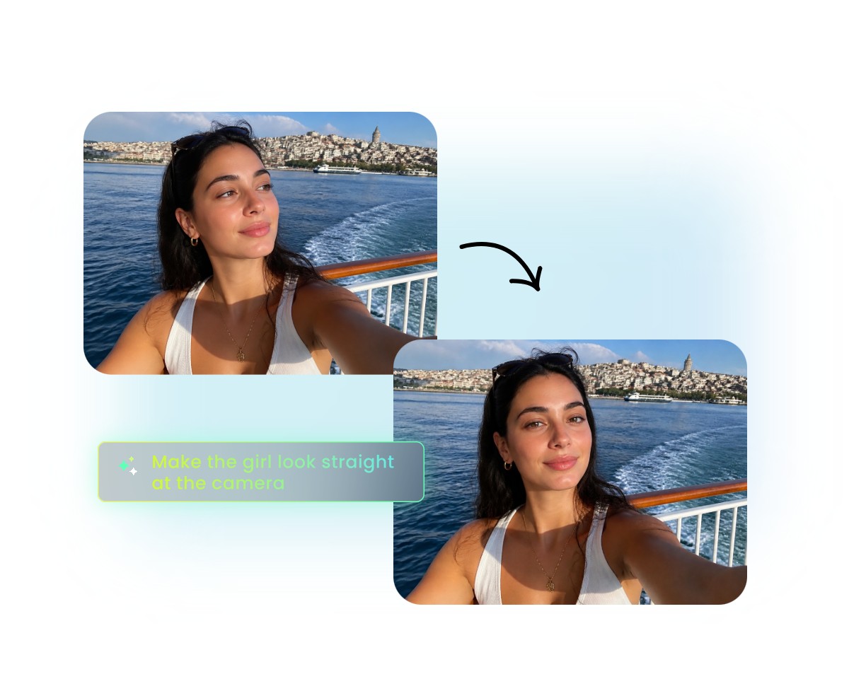 Correct the right gaze of a girl selfie via the prompt