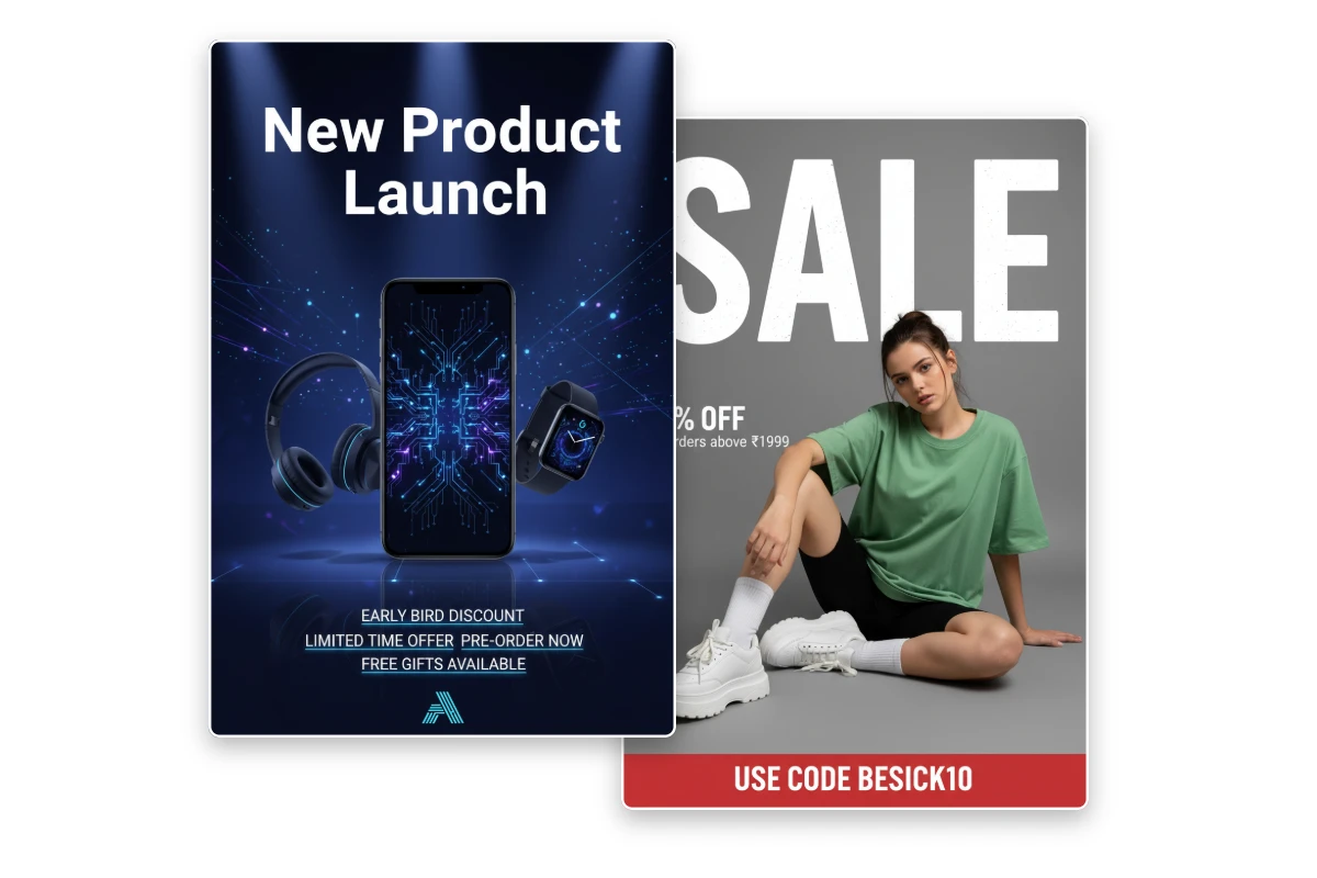 Create 2 3 aspect ratio marketing poster featuring product launch and sale