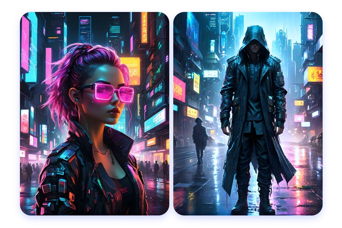 KI-Cyberpunk-Charaktere unter einer nächtlichen Stadtkulisse erstellen