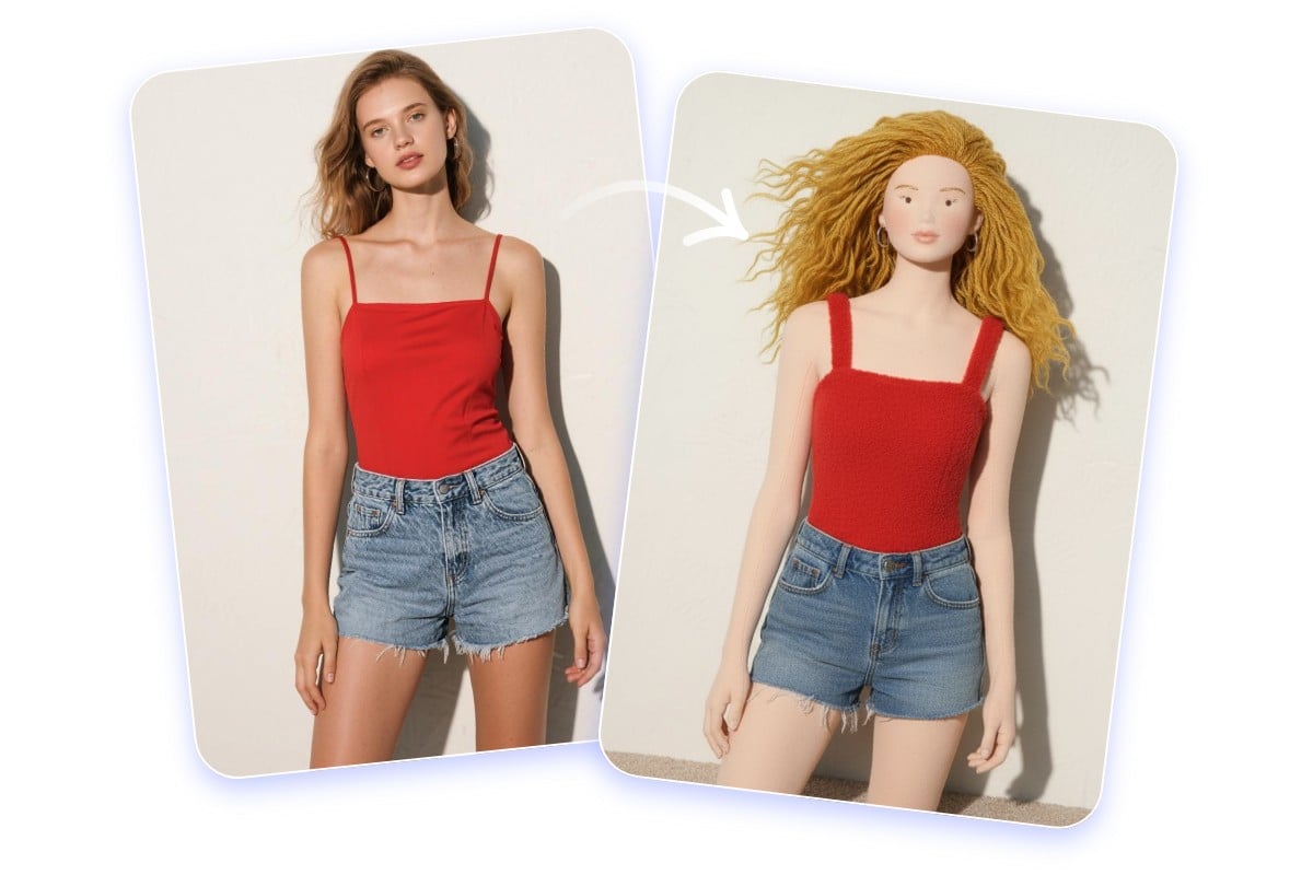Create a doll from a photo of a fashion girl with blonde hair and red clothes