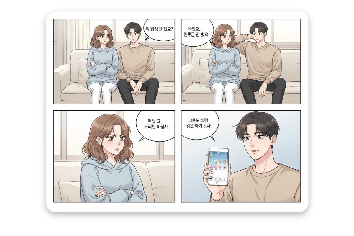 Create a four panel ai korean webtoon