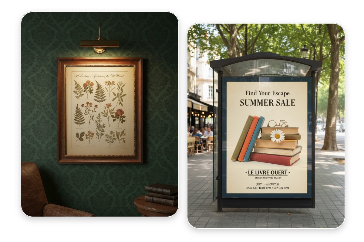 Create a framed indoor and outdoor poster mockup in realistic scenes