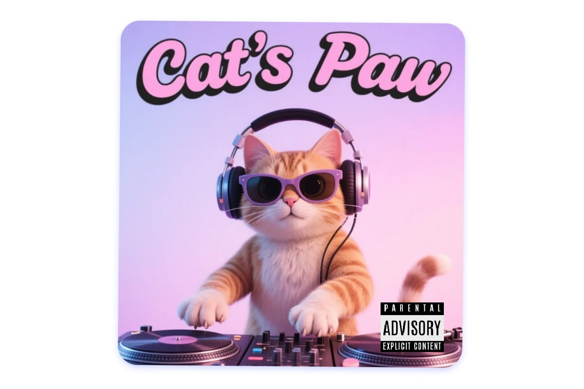 Create a parental advisory meme featuring a dj cat with sunglasses