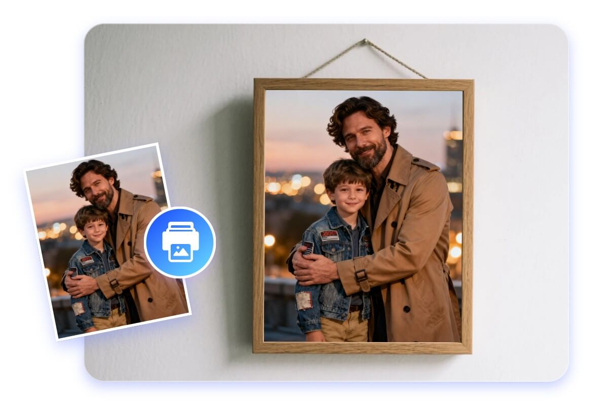 Create a photo of a man hugging his younger self and print it into a photo frame