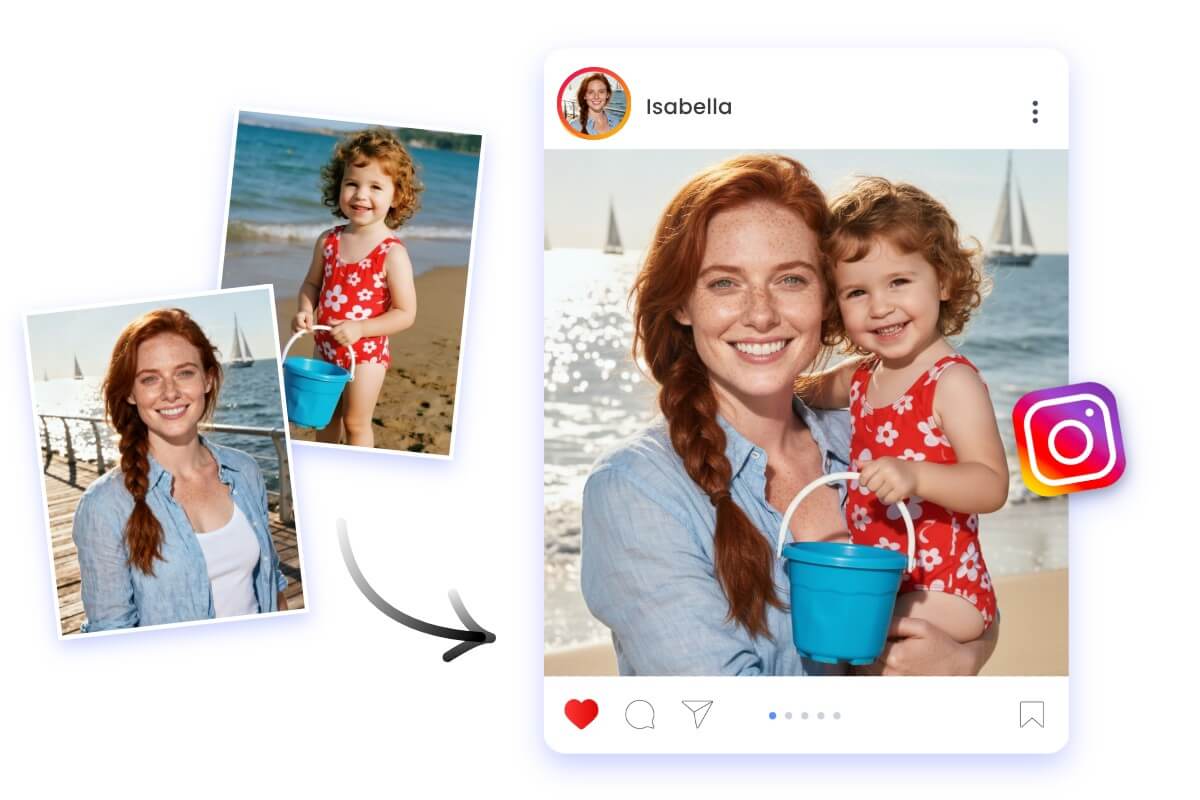 Create a photo of a woman hugging her younger self and share it on social media