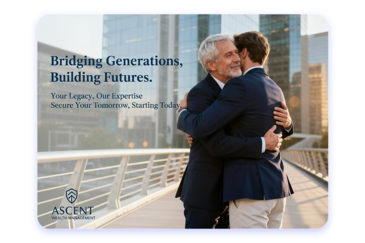 Create a photo of an old man hugging his younger self and use it for marketing