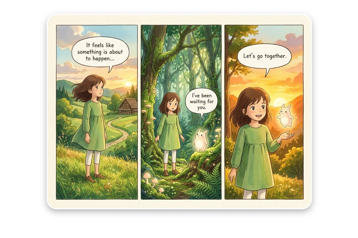 Create a three panel ai ghibli style comics