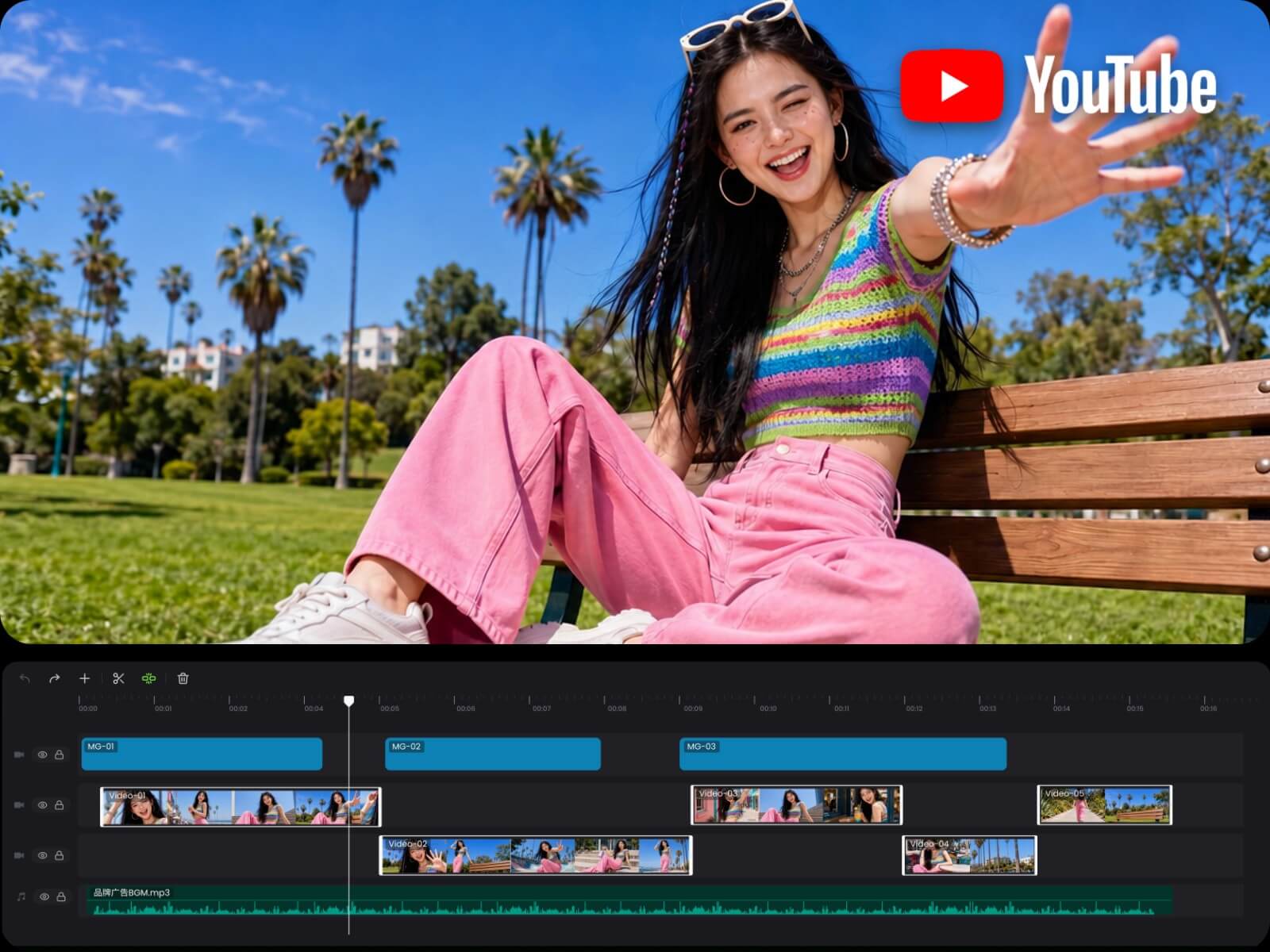 Create a youtube video of a woman sitting on a park bench based on a plan